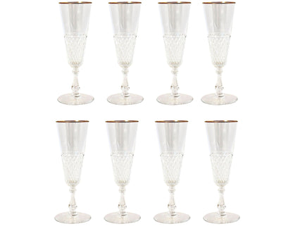 1920s French Gold Rim Crystal Champagne Flutes, Set of 8