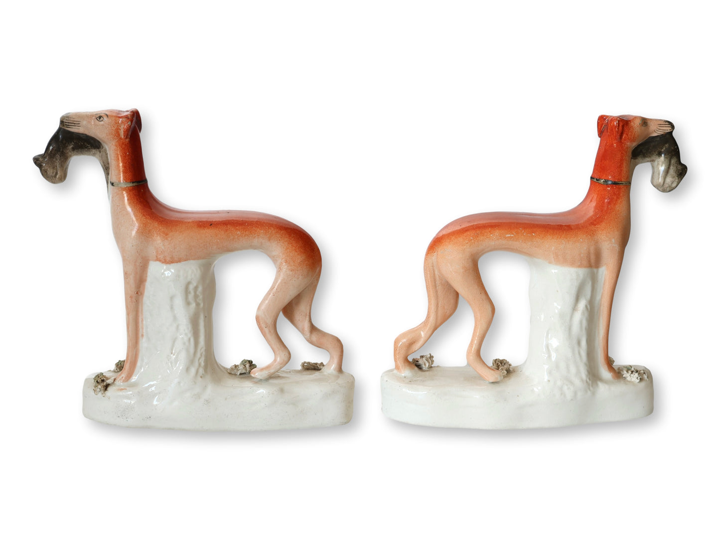 19th-Century English Staffordshire Greyhounds W/ Rabbits