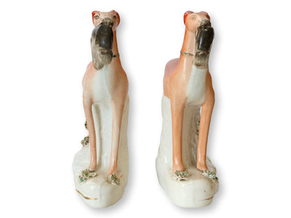 19th-Century English Staffordshire Greyhounds W/ Rabbits