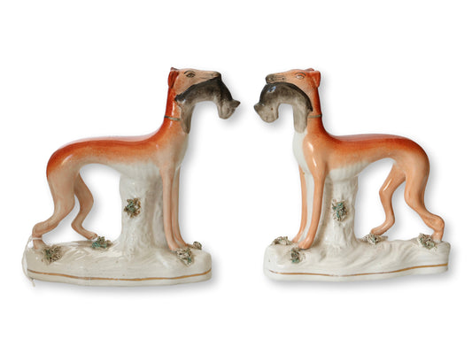 19th-Century English Staffordshire Greyhounds W/ Rabbits