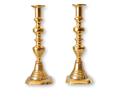 Antique English Georgian Brass Beehive Candlesticks, a Pair