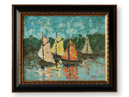 Vintage French Tranquil Harbor Scene w/ Sailboats Painting