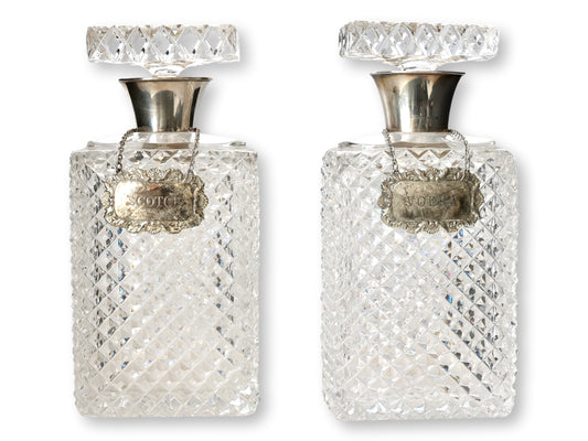 1930s Diamond Cut Crystal & Sterling Collar Liquor Decanters