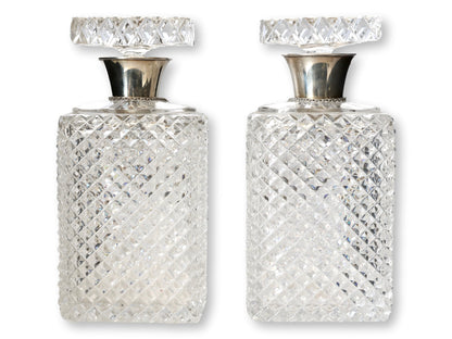 1930s Diamond Cut Crystal & Sterling Collar Liquor Decanters