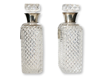 1930s Diamond Cut Crystal & Sterling Collar Liquor Decanters