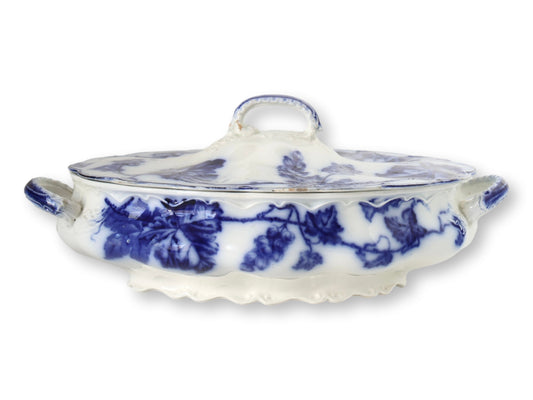 English Flow Blue Grapevine Covered Dish