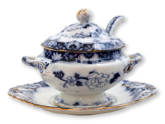 1850s English Flow Blue Sauce Tureen Set w/ Ladle