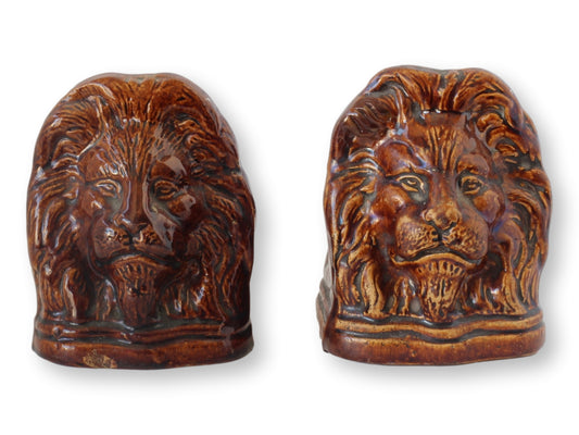 19th-C. English Victorian Rockingham Lion Head Window Stops