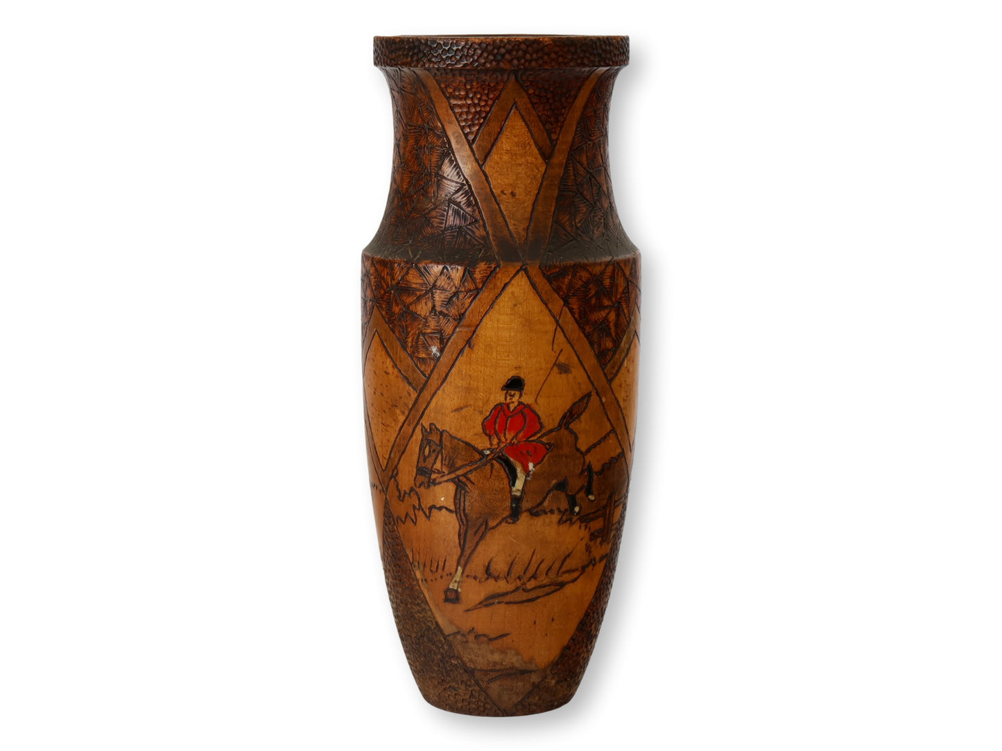 Antique Hand-Carved  Painted Hunting Scene Vase