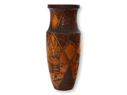 Antique Hand-Carved  Painted Hunting Scene Vase