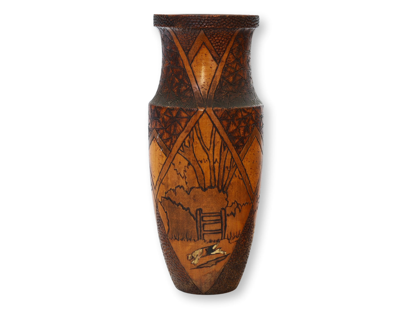 Antique Hand-Carved  Painted Hunting Scene Vase