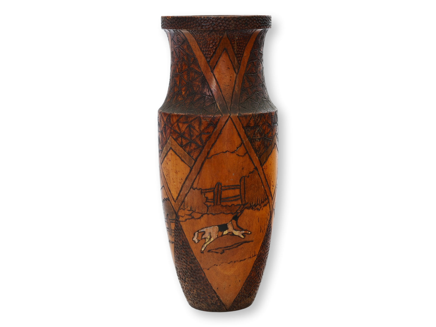 Antique Hand-Carved  Painted Hunting Scene Vase