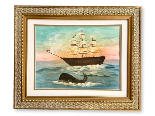 Folk Art Clipper Ship w/ Whale Watercolor