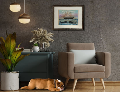 Folk Art Clipper Ship w/ Whales Watercolor