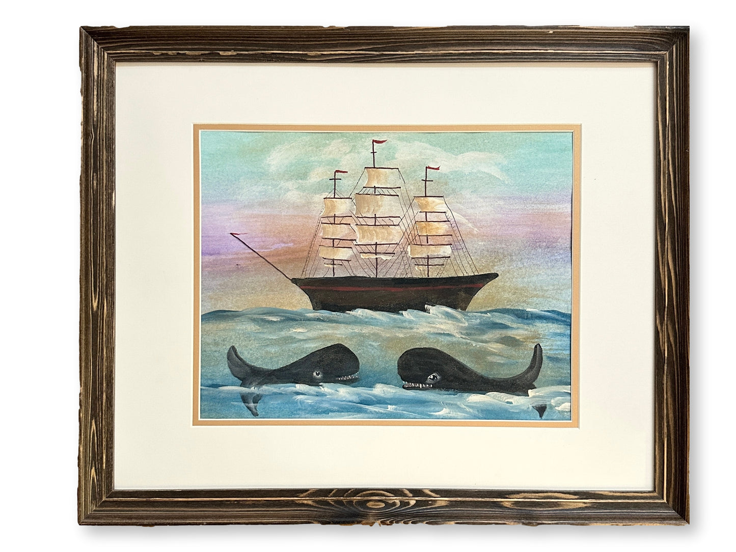 Folk Art Clipper Ship w/ Whales Watercolor