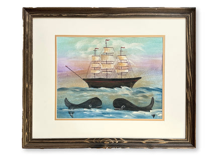 Folk Art Clipper Ship w/ Whales Watercolor