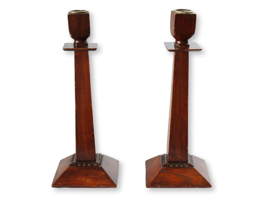 Early 1900s Arts & Crafts English Oak Candlesticks