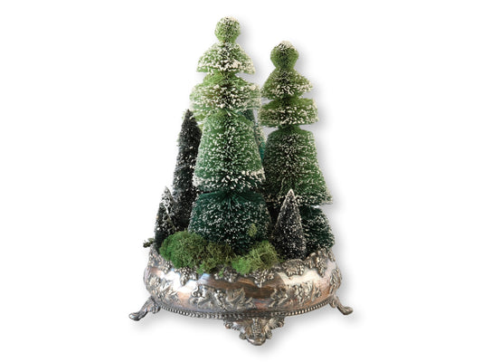 Holiday Bottle Brush Tree Grouping w/ Antique Silver-Plate Bowl