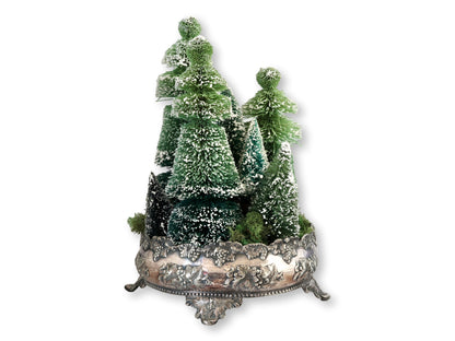 Holiday Bottle Brush Tree Grouping w/ Antique Silver-Plate Bowl