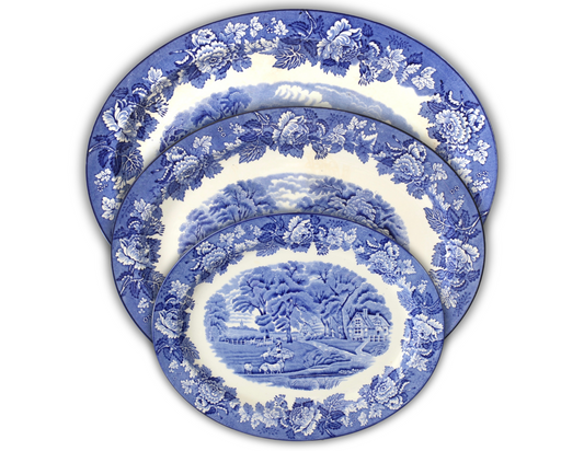 English Blue & White Woodland Pattern Platter Set