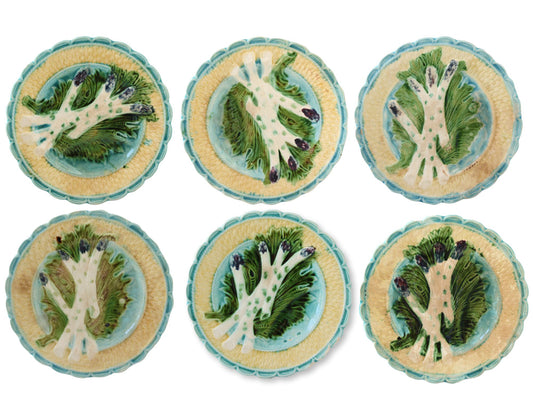 Antique French Majolica Asparagus Plates, Set of 6