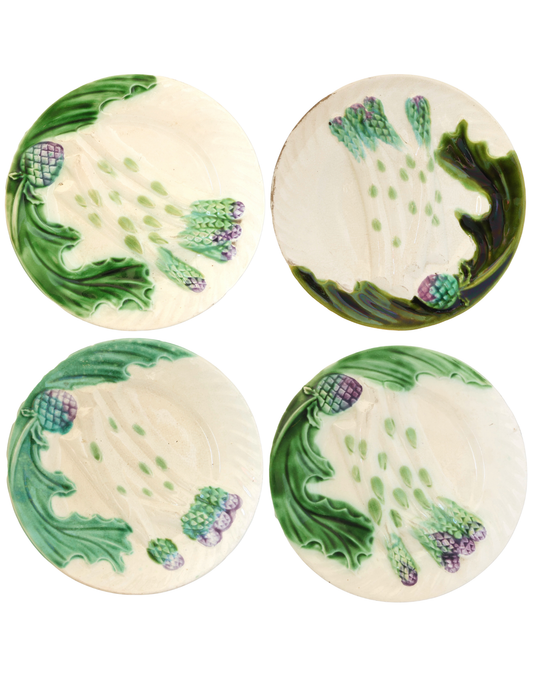 Early 1900s French Majolica Artichoke Plates, Set of 4