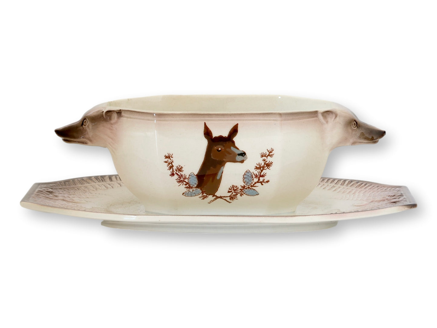 Antique Longwy Hand-Painted Wild Game Faience Dinner Set w/ Boar & Elk