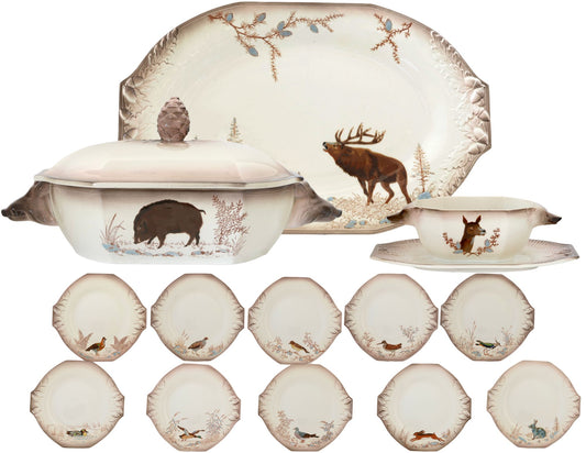Antique Longwy Hand-Painted Wild Game Faience Dinner Set w/ Boar & Elk