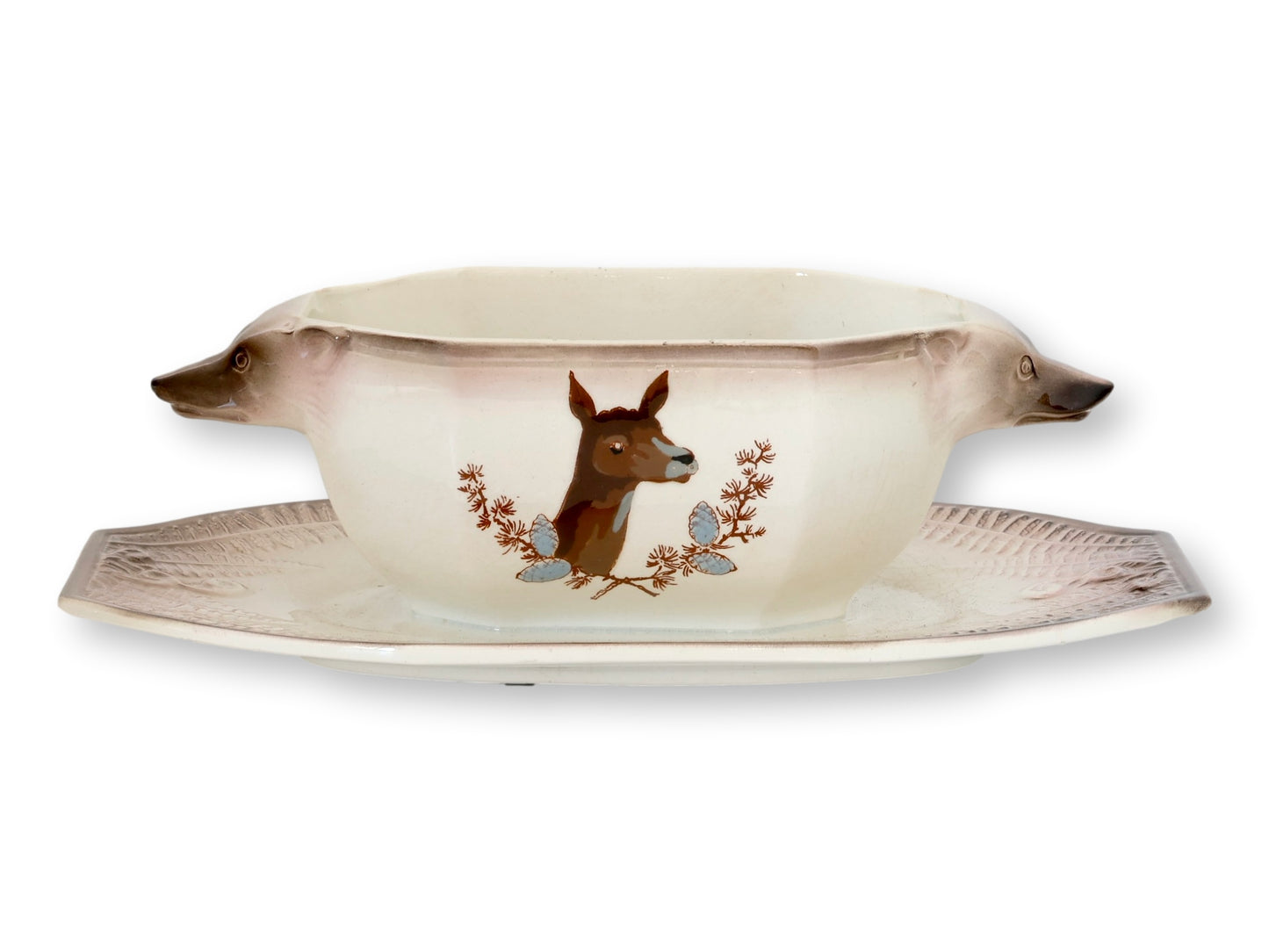 Antique Longwy Hand-Painted Wild Game Faience Dinner Set w/ Boar & Elk