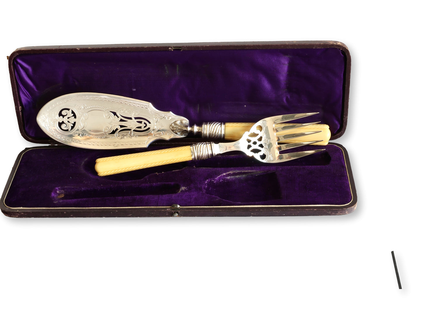 Antique English Victorian Carved Bone & Silver-Plate Fish Servers