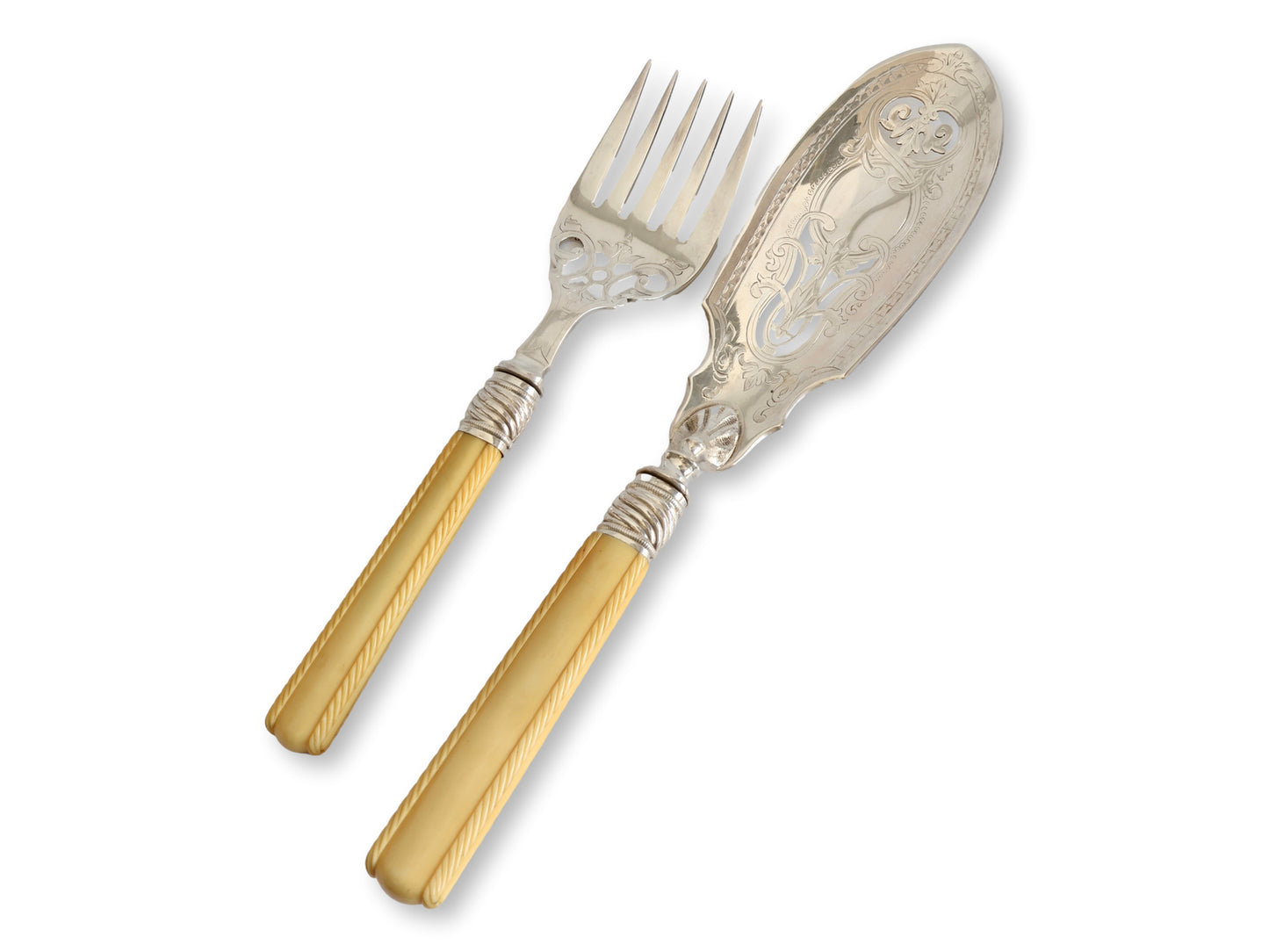 Antique English Victorian Carved Bone & Silver-Plate Fish Servers