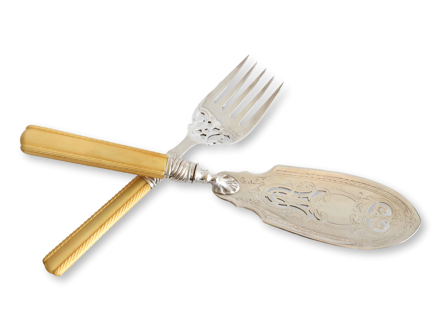 Antique English Victorian Carved Bone & Silver-Plate Fish Servers