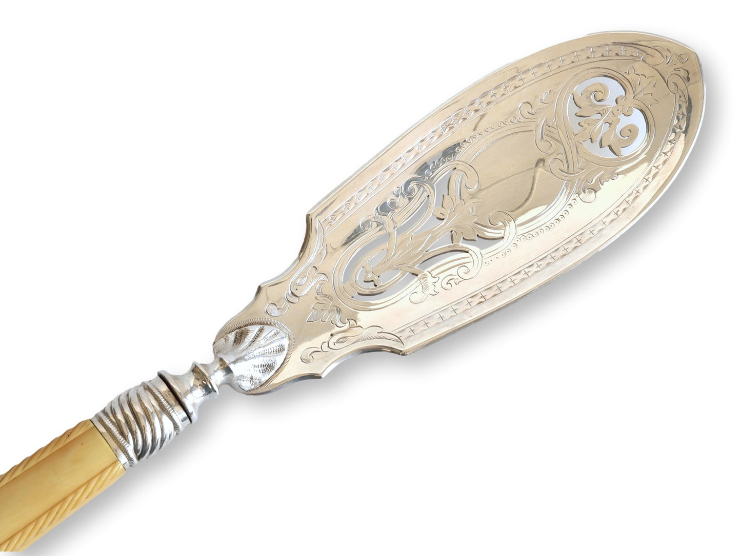 Antique English Victorian Carved Bone & Silver-Plate Fish Servers