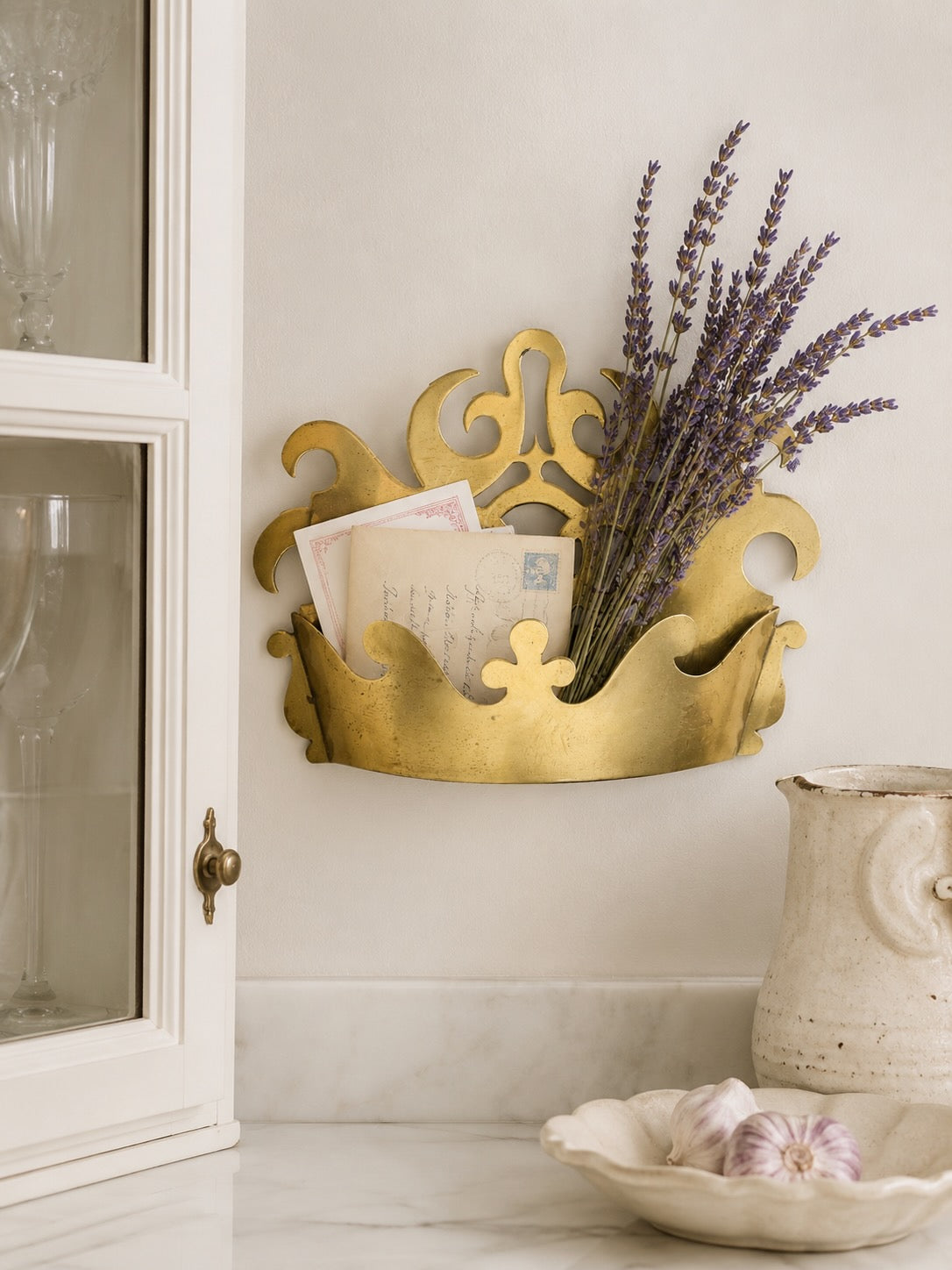 Antique English Brass Crown Wall Pocket Tidy