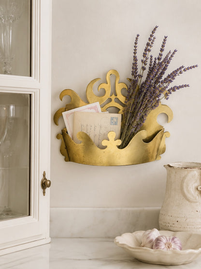 Antique English Brass Crown Wall Pocket Tidy