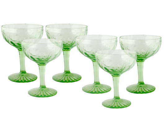 Set of Six Midcentury Anchor Hocking “Cameo” Green Coupes