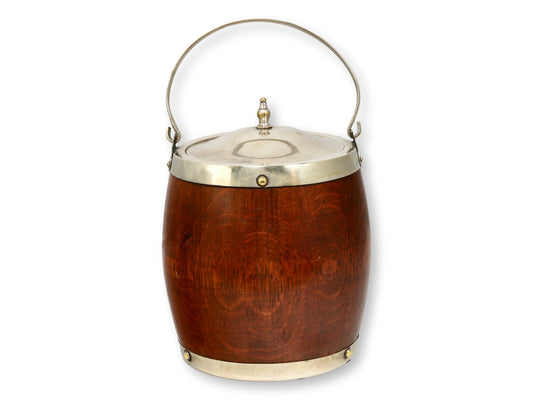 1920s English Arts & Crafts Tiger Grain Oak Biscuit Barrel / Ice Bucket