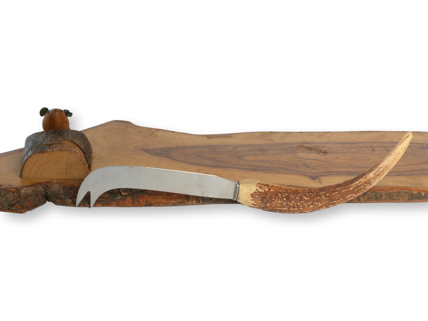 Vintage Live Edge Cheese Board w/Mouse & Horn Handle Knife