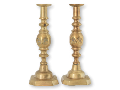 Victorian 'Good Luck' Brass Candlesticks
