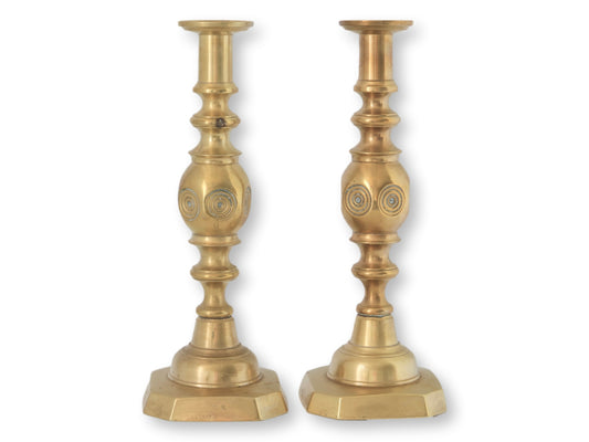Victorian 'Good Luck' Brass Candlesticks