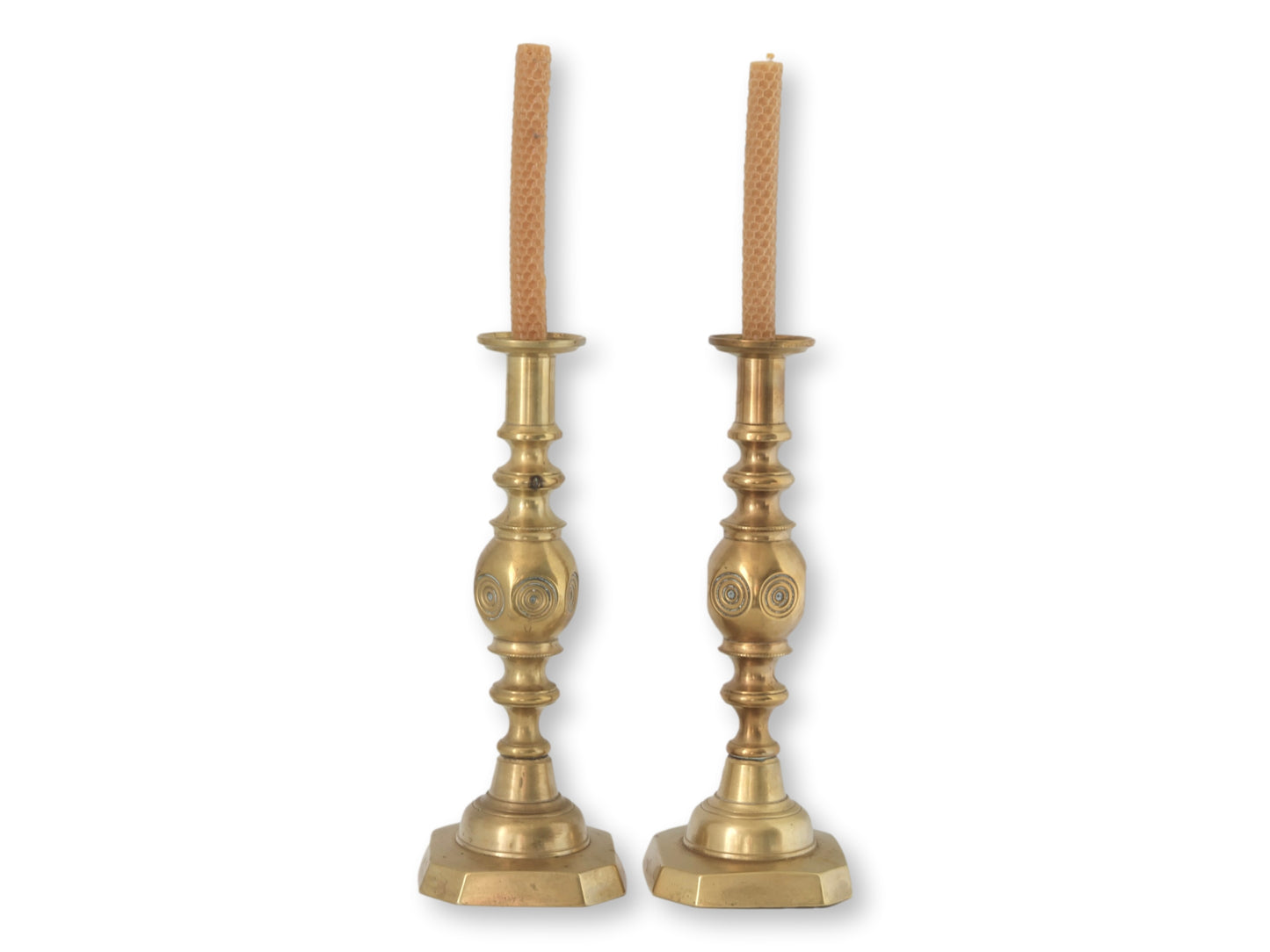 Victorian 'Good Luck' Brass Candlesticks