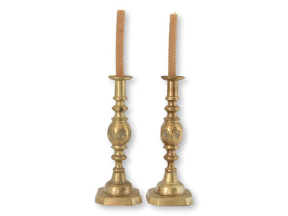 Victorian 'Good Luck' Brass Candlesticks