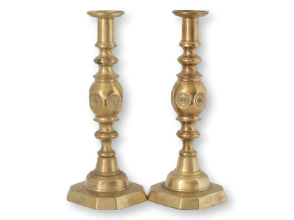Victorian 'Good Luck' Brass Candlesticks
