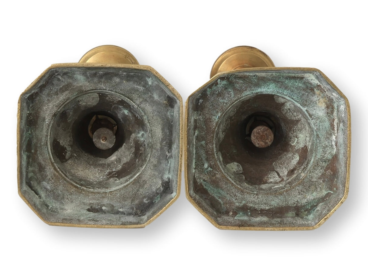 Victorian 'Good Luck' Brass Candlesticks