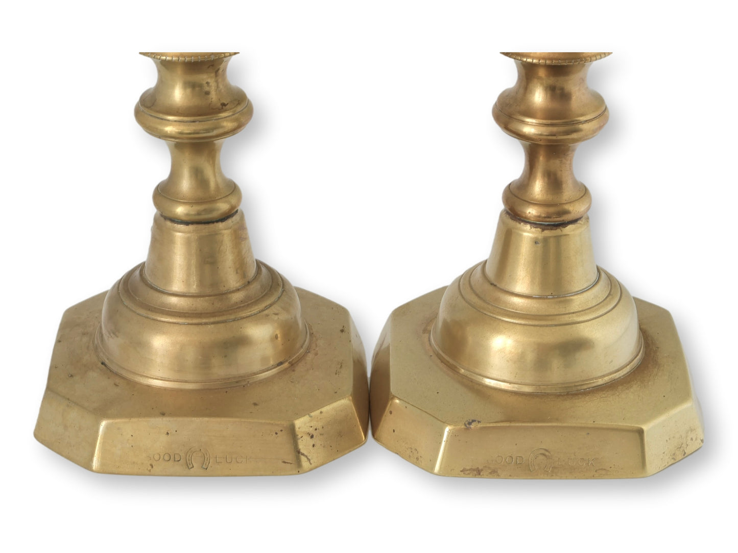 Victorian 'Good Luck' Brass Candlesticks