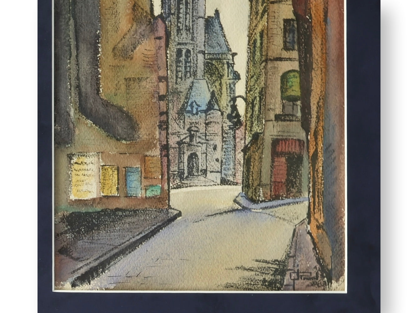 Framed Parisian Street Scene Watercolor – Signed