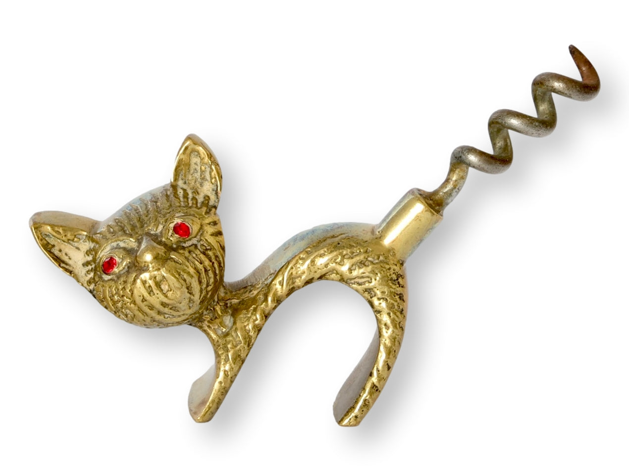 Midcentury Brass Cat Corkscrew with Red Rhinestone Eyes