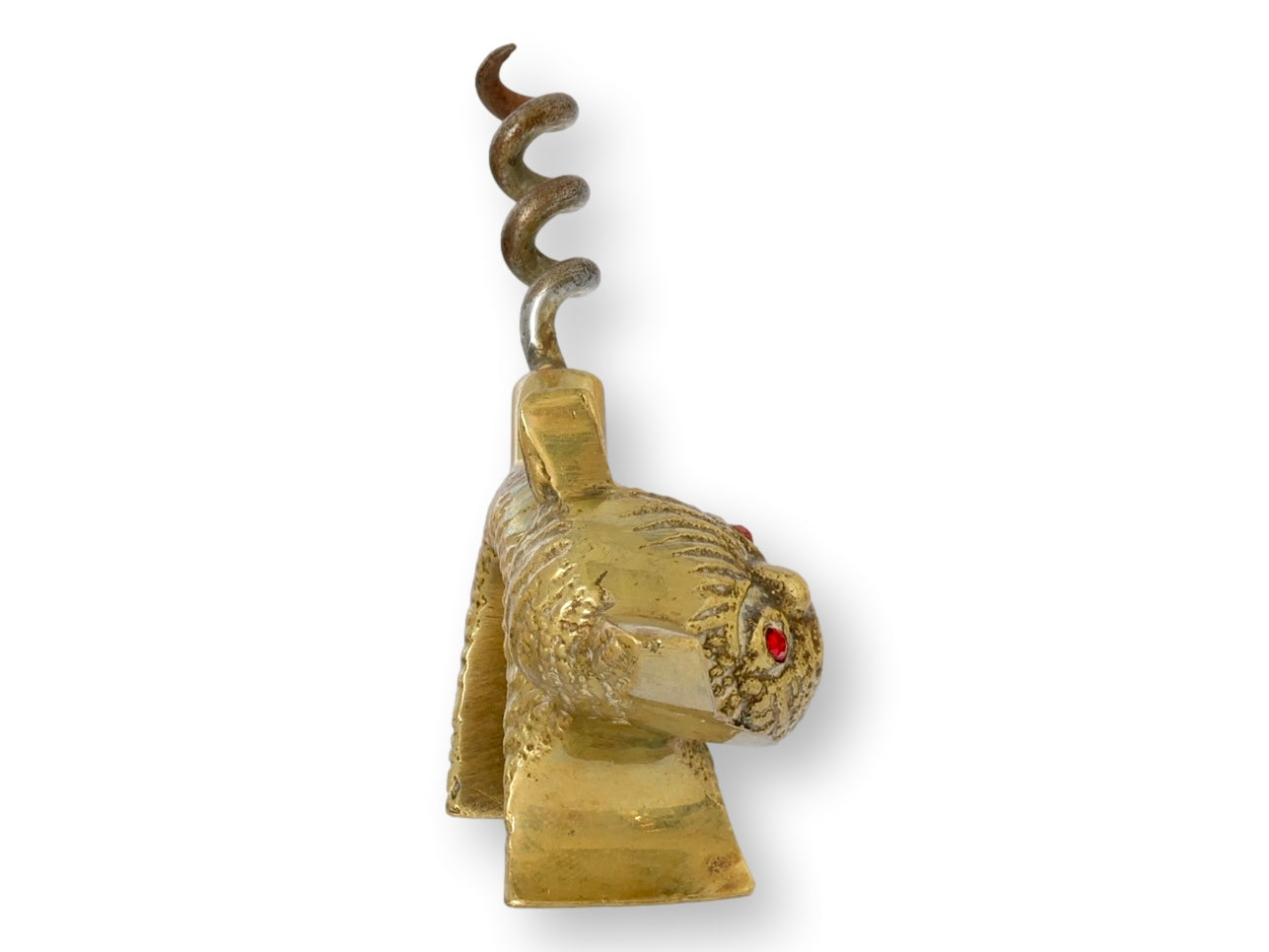 Midcentury Brass Cat Corkscrew with Red Rhinestone Eyes