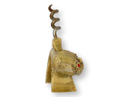 Midcentury Brass Cat Corkscrew with Red Rhinestone Eyes