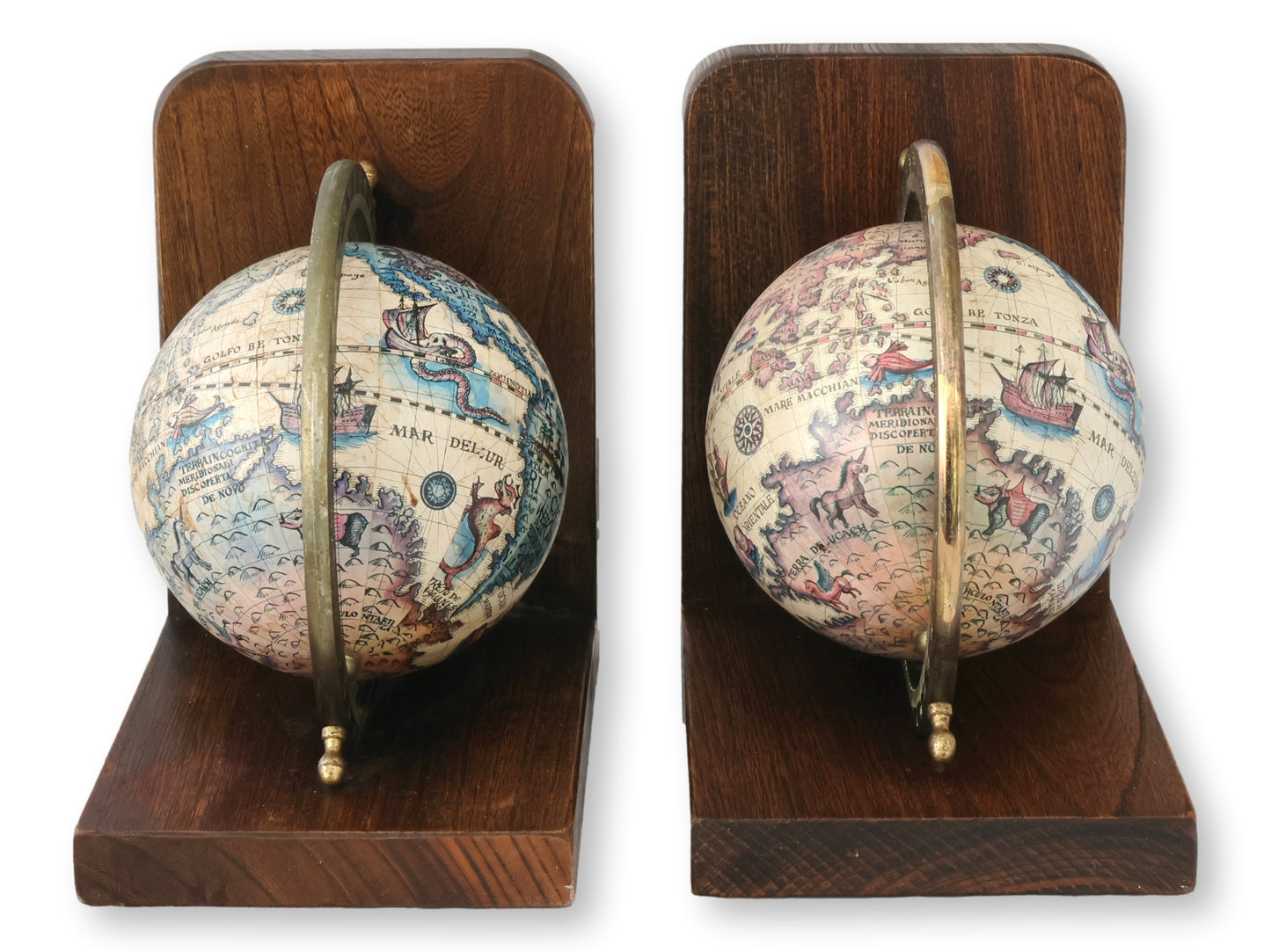 Midcentury Italian Globe Bookends with Brass Rings